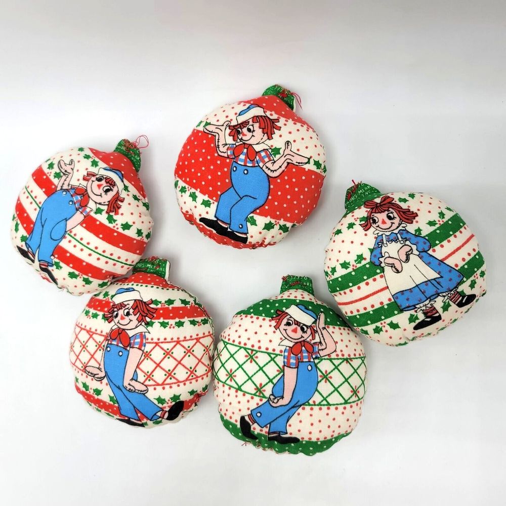 Raggedy Ann Andy Christmas Ornaments Lot 5 1978 Hand Sewn Stuffed Quilt Holiday